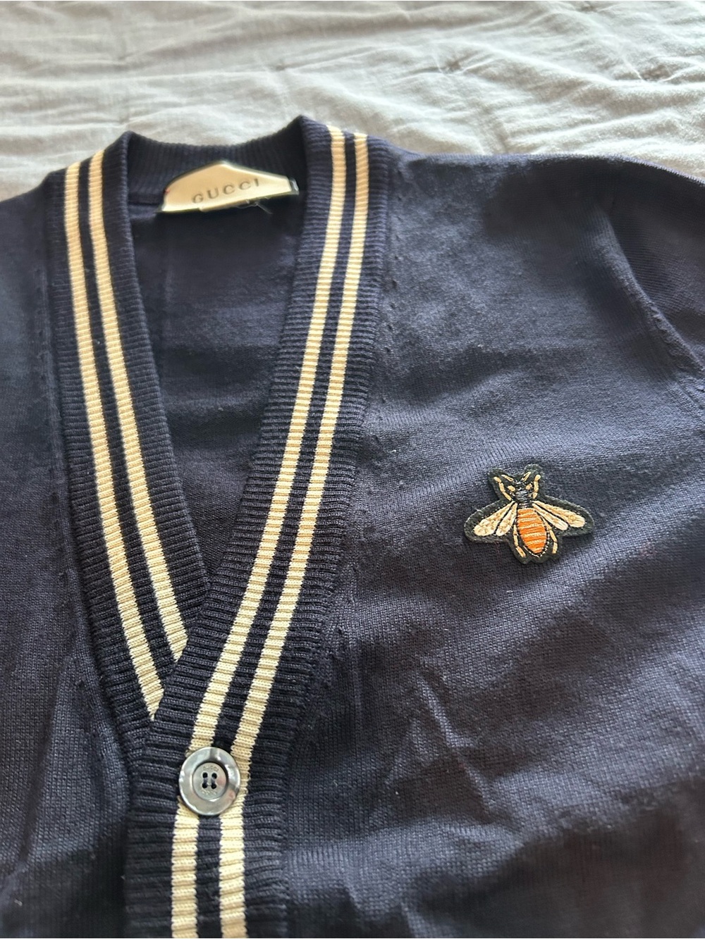 Gucci Navy Cardigan Women's S with Cream Trim and Bee Patch - Picture 2 of 7